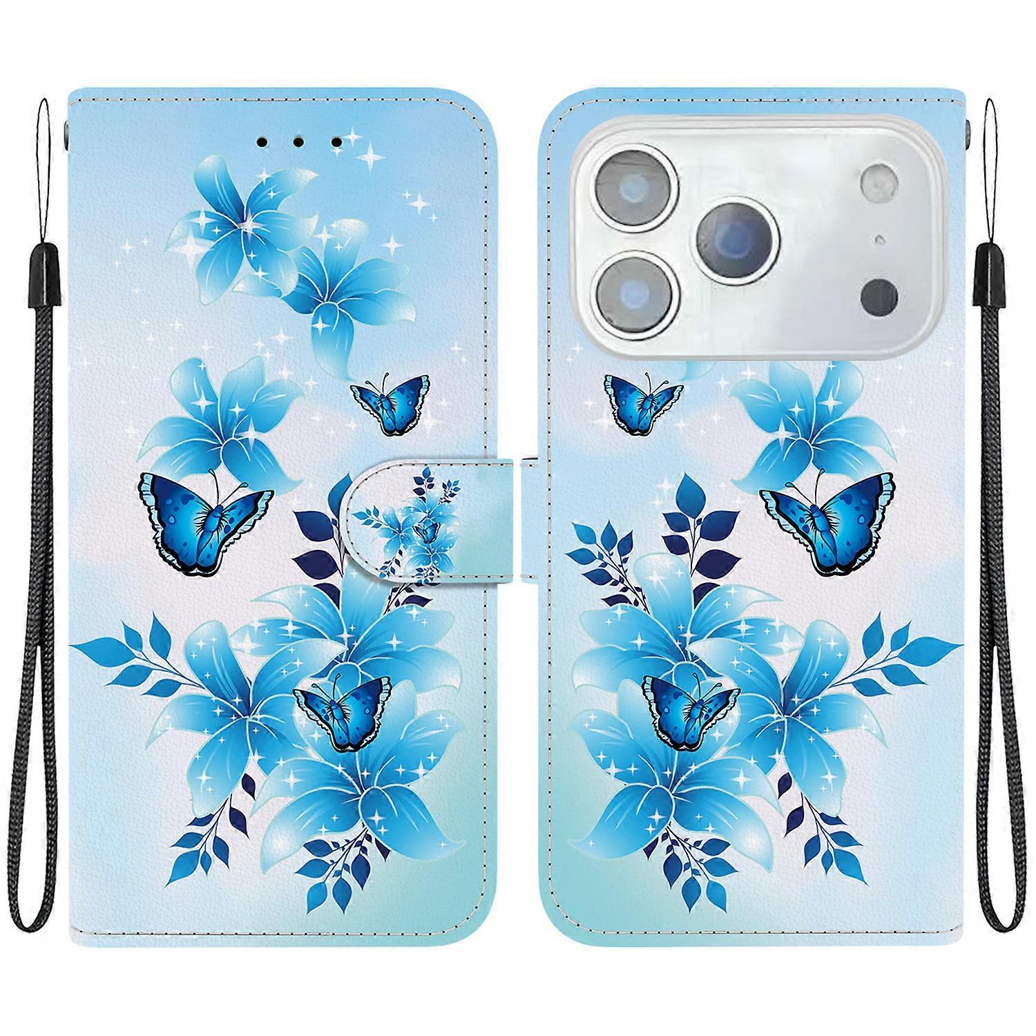 غطاء حافظات لهاتف iPhone 17 Pro Max طباعة نمط الطباعة غطاء هاتف جلدي مضاد للسقوط مع حبل - فراشة زرقاء