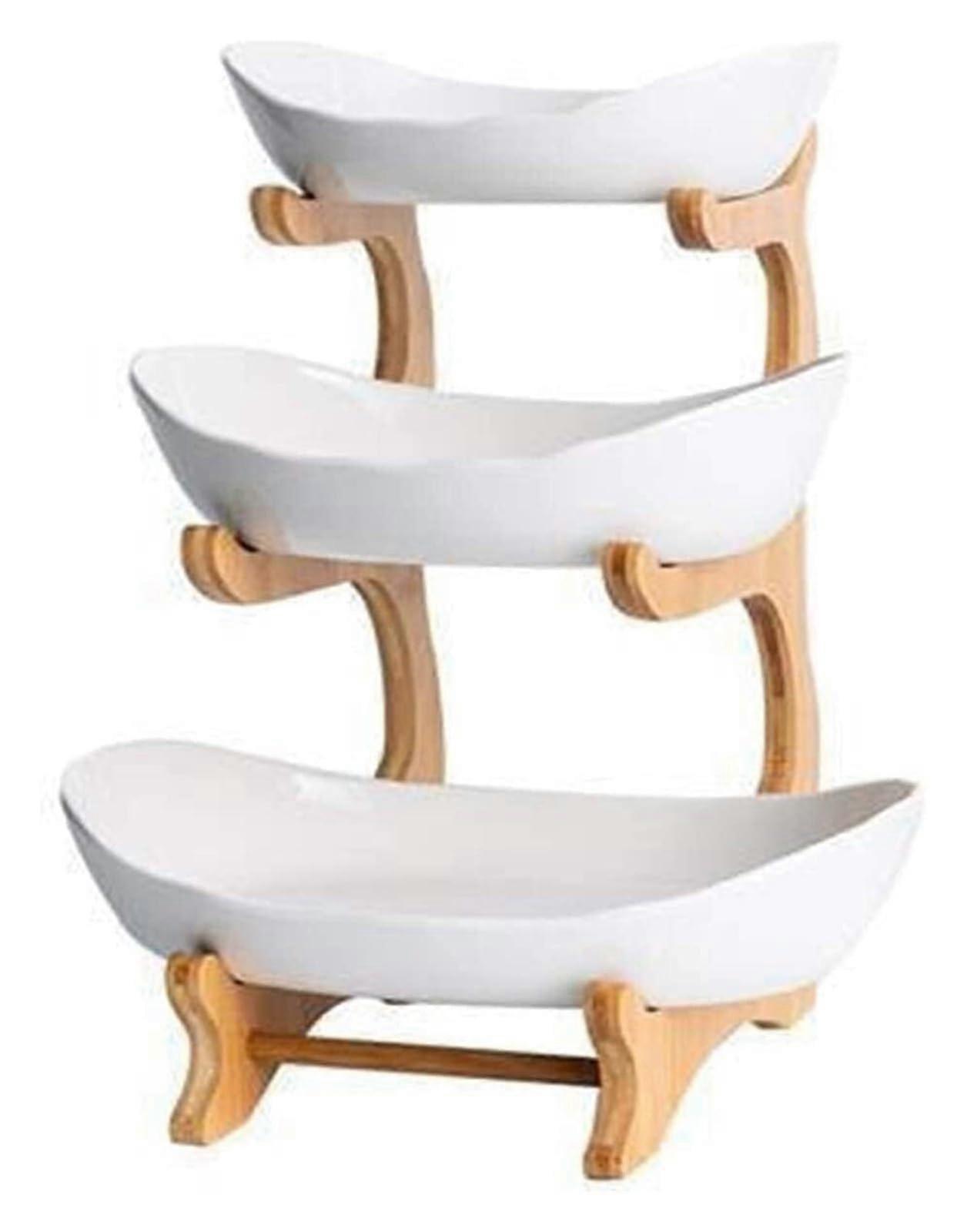 3-Tier Ceramic Fruit Bowl Stand, Microwave- and Dishwasher-Safe, Space-Saving Kitchen Organizer, White
