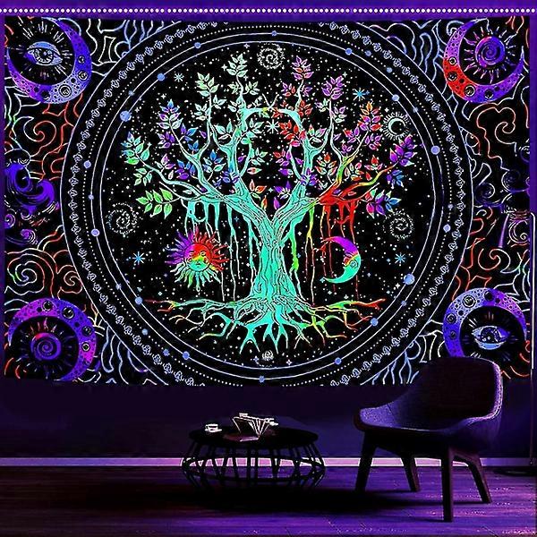 Blacklight Tree of Life Tapestry Wall Hanging Trippy Tapestry UV-Reactive Wall Tapestry Galaxy Tapestry Blacklight Tapestry For Bedroom (130x150cm)