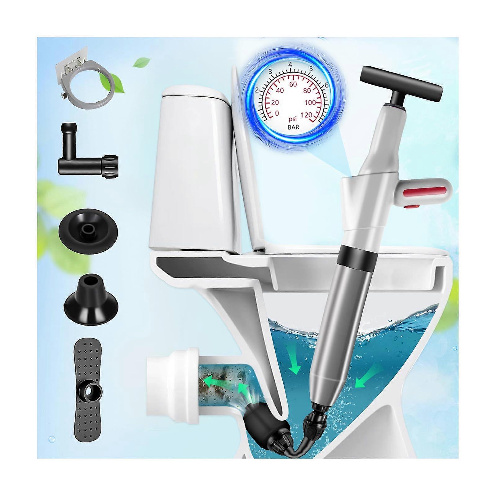 High Pressure Drain Cleaner Pump with Air Pressure Indicator and 4 Suction Cups for Sinks and Toilets, Gray