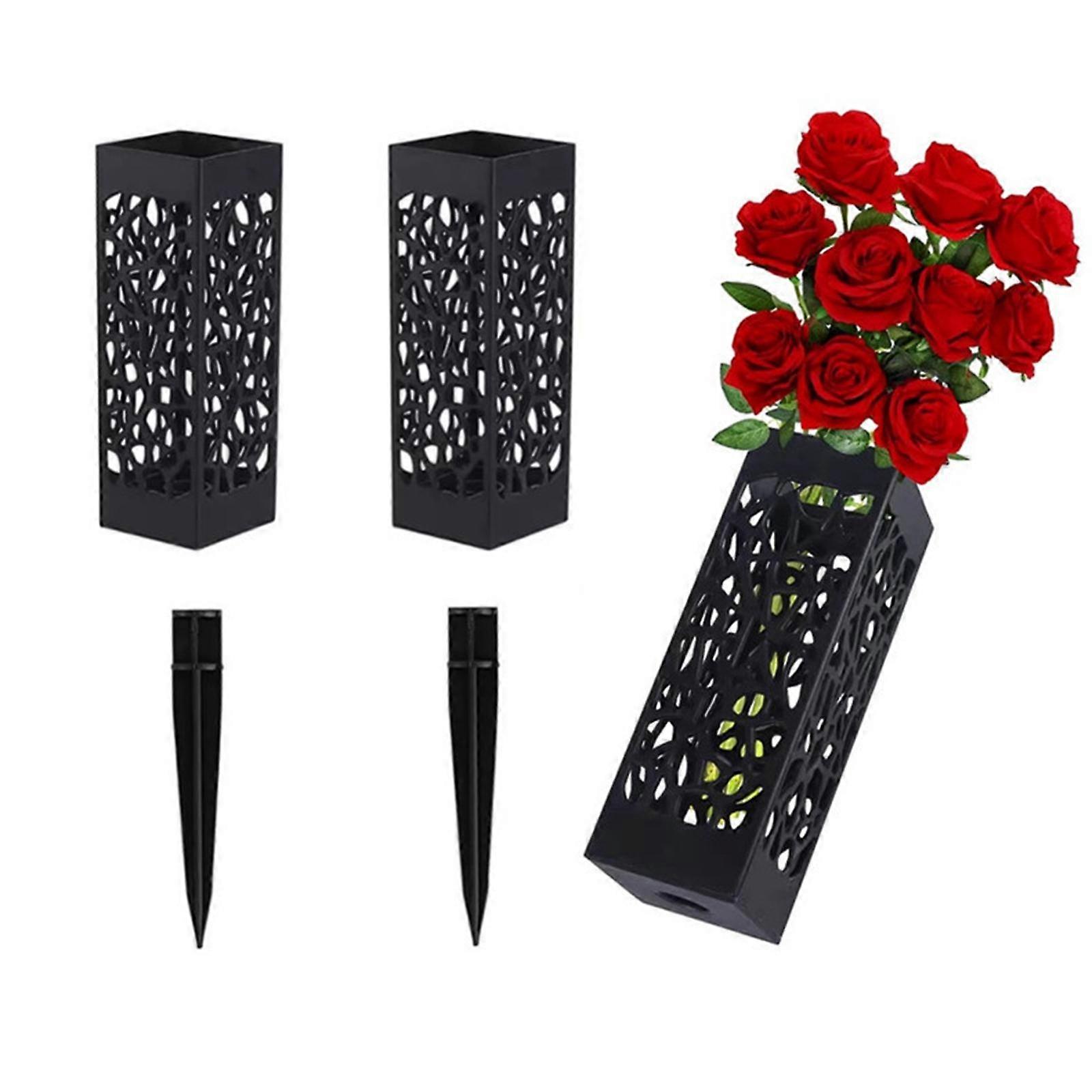 2Pcs Plastic for Cemetery Grave Vase Black Durable with Hole Flowers Vase Anti Deformed Pot Cover with Long Spike Garden Vase