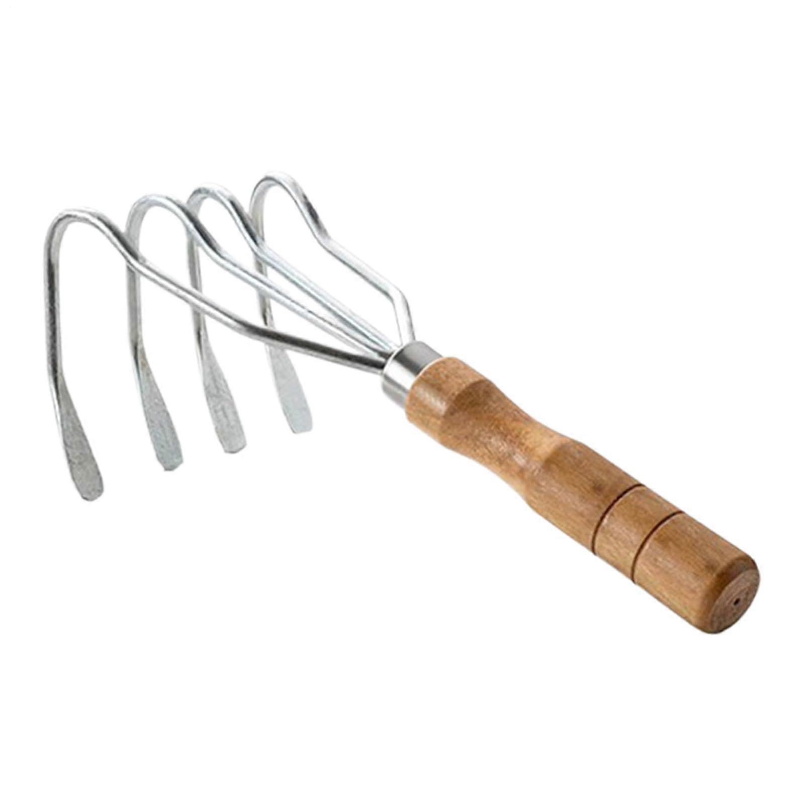 Garden Claw Hand Tool With Wooden Handle 4-Tooth Shell Grabber Multifunction Rake For Garden Pond Camping Beach Soil Work