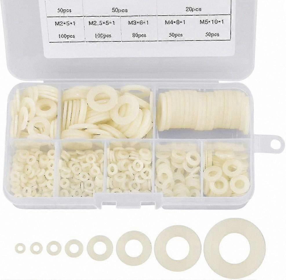 White Nylon Flat Washers, 500-Pack, M2/M2.5/M3/M4/M5/M6/M8/M10 Sizes, Durable Plastic Washers for General Use