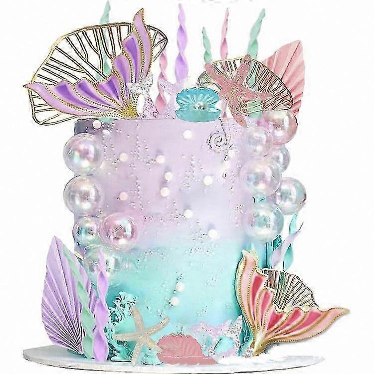 Undersea Birthday Cake Decorations, 30pcs Ocean-Themed Toppers with Mermaid Tails, Seashells, Bubbles, and Ginkgo Leaf Designs