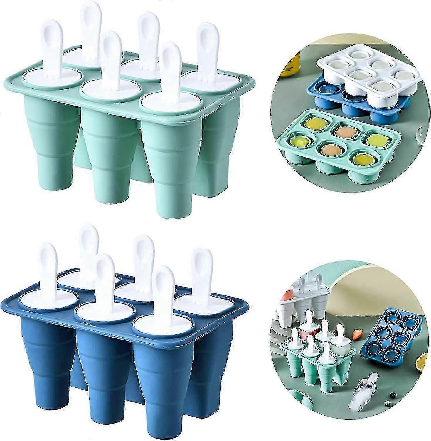 Reusable DIY Ice Cream Molds with 6 Cells and 2 Shapes Perfect for Homemade Ice Cream Sorbet Jelly Yogurt and Juice - Set of 2 Pieces in 2 Colors