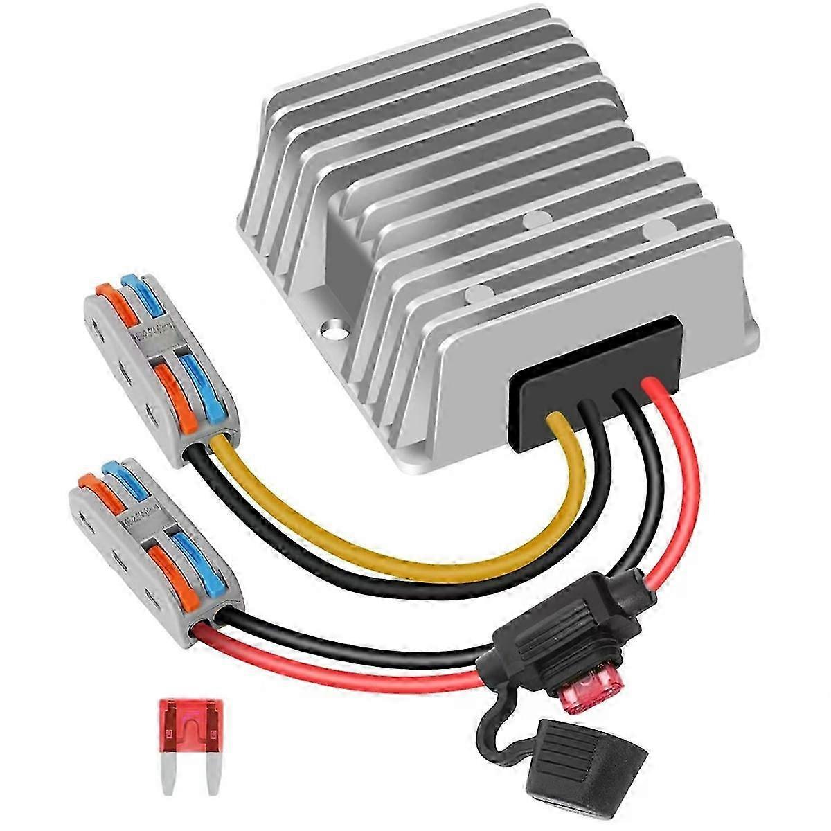 Improved 12V Buck Converter for Golf Carts: 10A, 120W, Multi-Voltage Compatibility (18V, 24V, 36V, 48V) with Fuse & Waterproof Technology