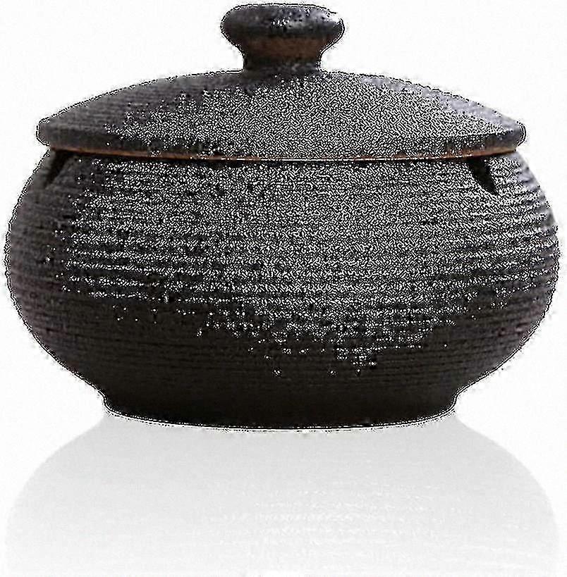 Windproof Ceramic Ashtray with Lid, Black Retro Design for Smoking Accessory Enthusiasts