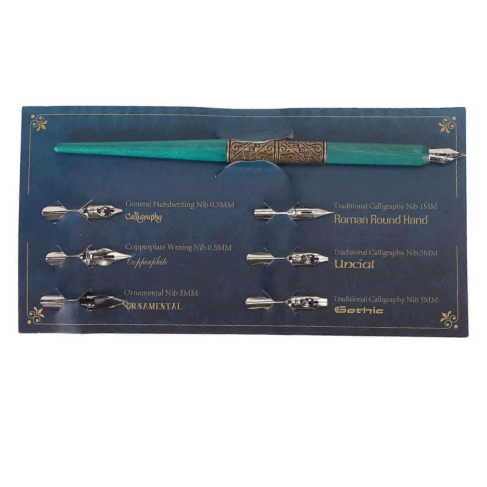 Dip Pen with 6 Interchangeable Nibs Smoothly Writing Retro Light Weight Calligraphy Dip Pen for Drawing Word Art Cyan