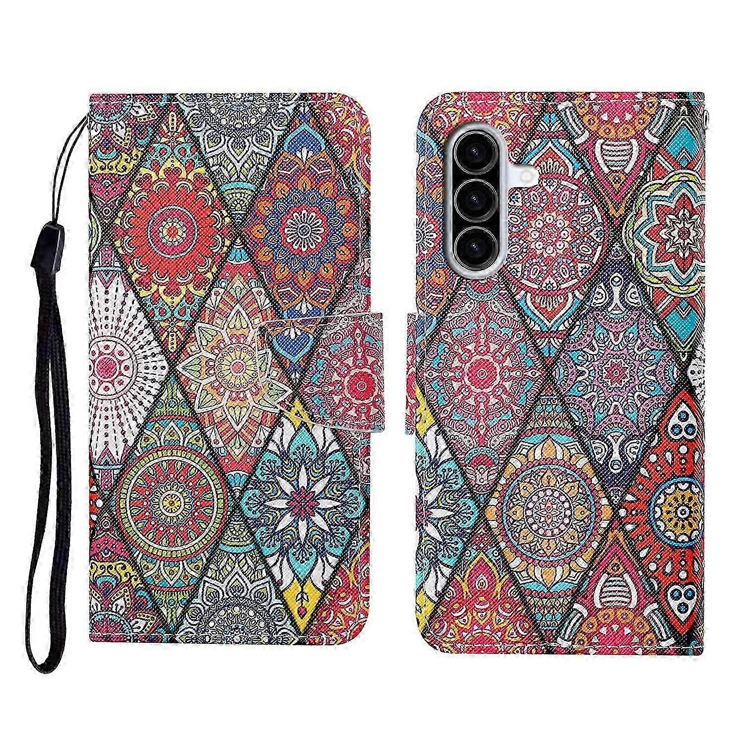 Samsung Galaxy A36 5G Rhombus Totem Pattern Protective Folio Phone Cover with Wrist Strap