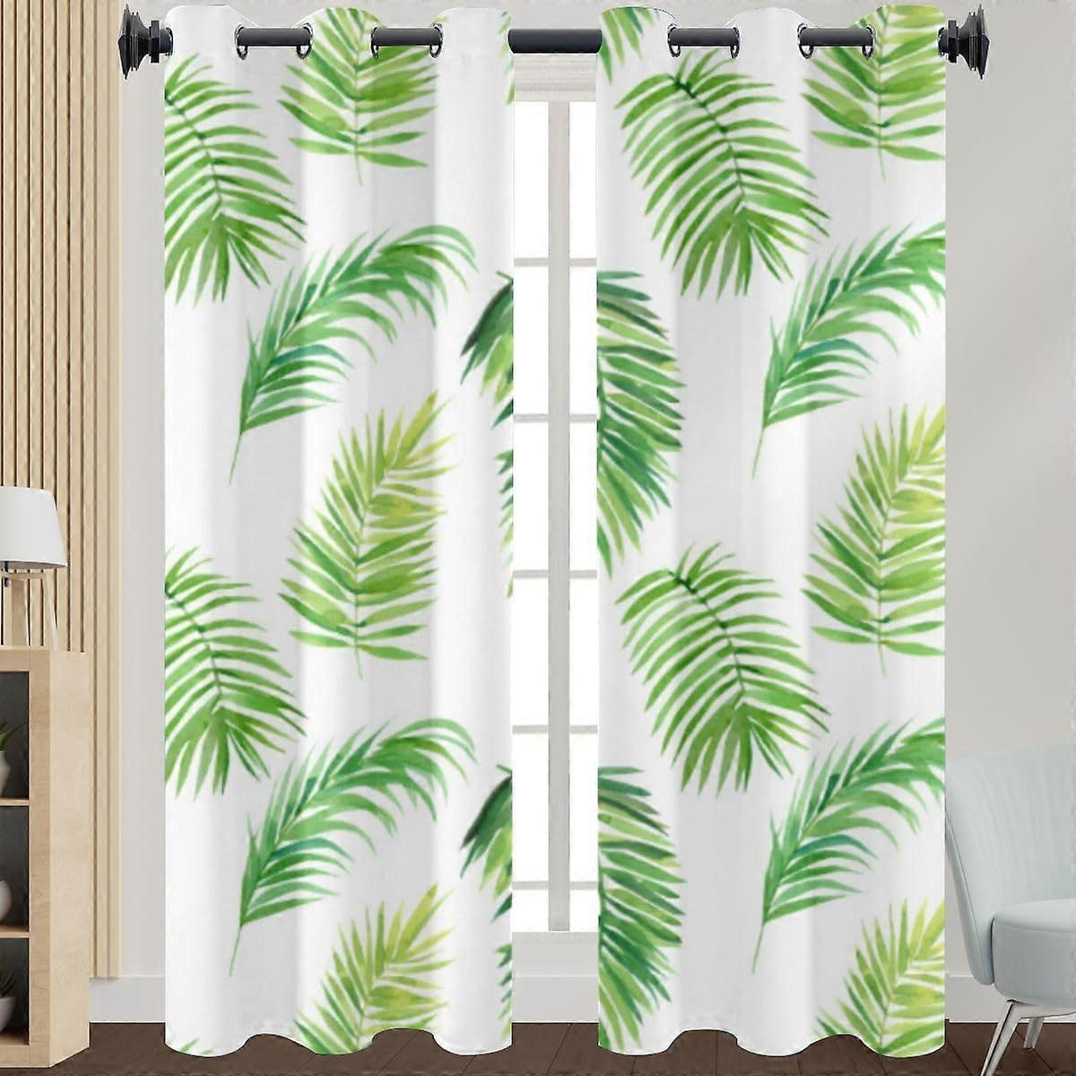 Blackout Curtains Green Leaves Pattern, Eyelet Curtains, Thermal Insulated, For Bedroom, 2 Panels, 168 x 183 cm