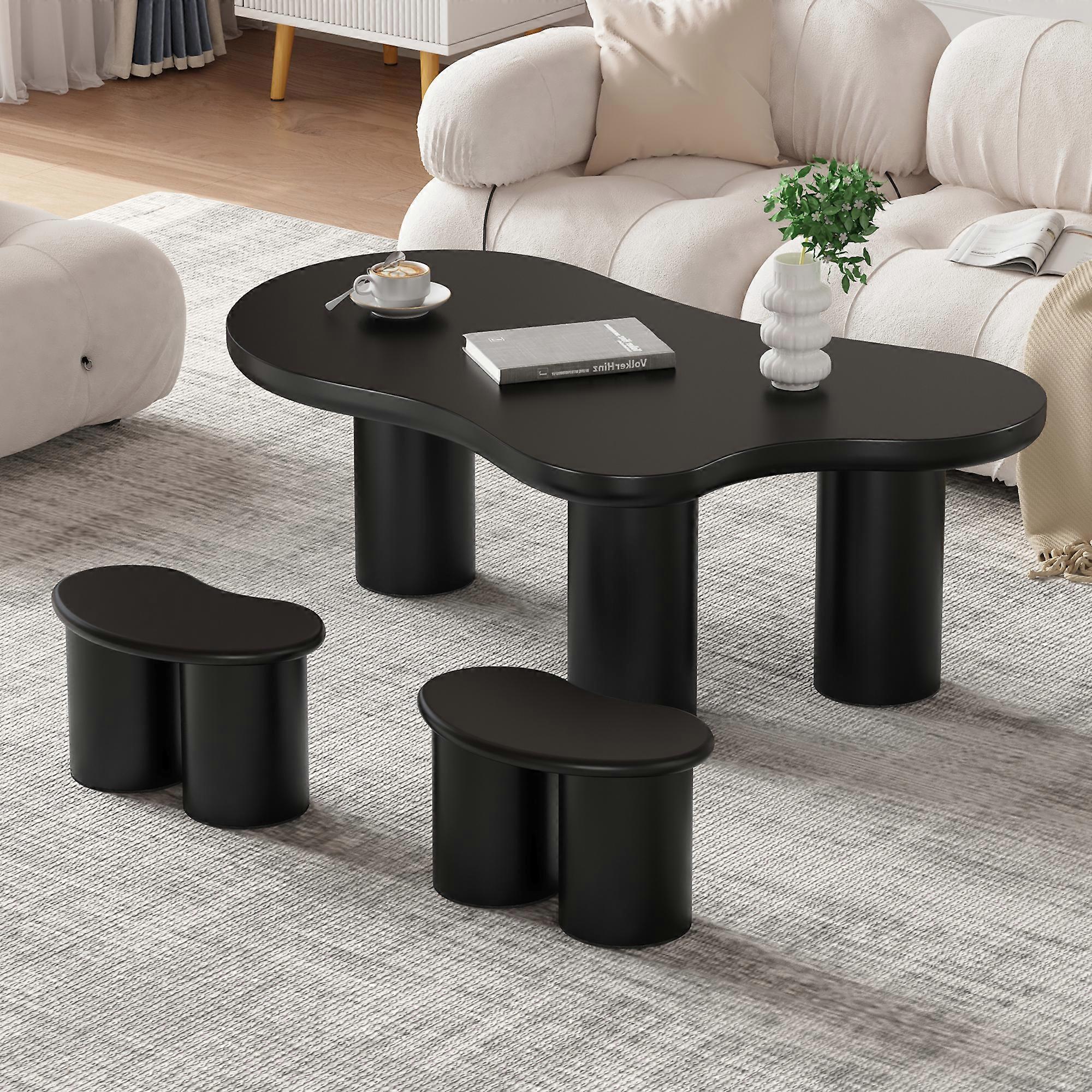 Irregular Black Coffee Table Bench 2 Small Stools Modern Accent Set
