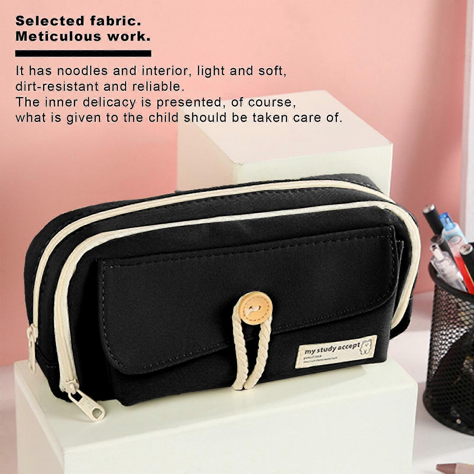 Clearance! Bocqde Large Capacity Canvas Pen Bag, 3-Layer Button Closure, High Appearance Storage Pouch for School, Office, College - Back to School