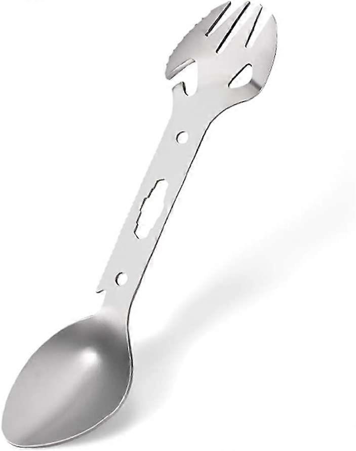 5 In 1 Multi-functional Fork Spoon Wrench Stainless Steel Camping Survival Kit Practical Fork Spoon Bottle Can Opener (silver 1pc