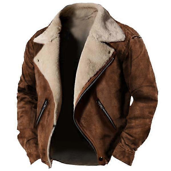 Brown Faux Suede Shearling Lined Jacket with Zip Closure, Notch Lapel, and Side Pockets