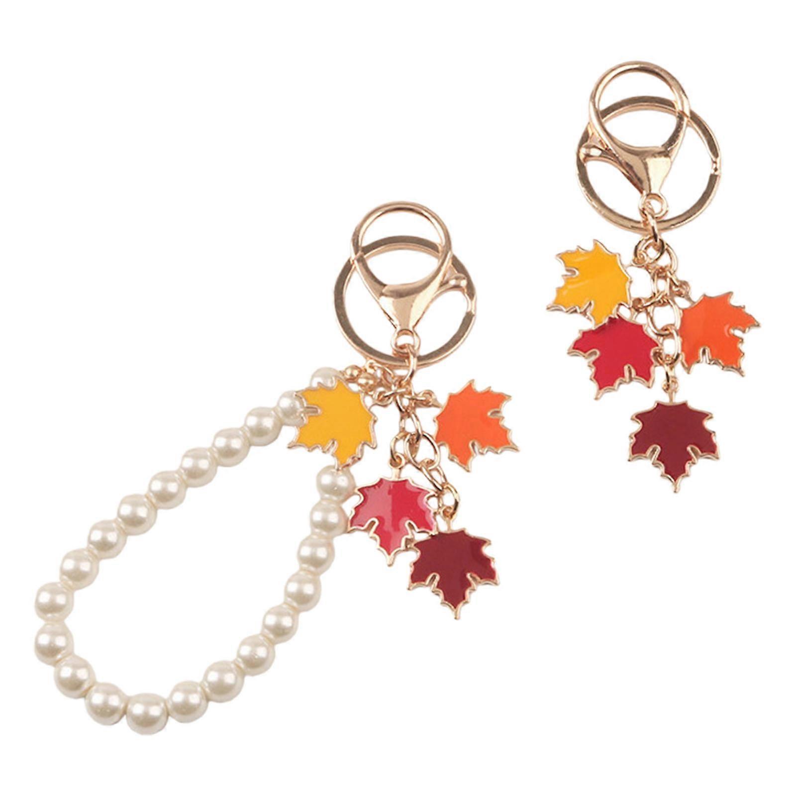Fall Season Double Leaf Key Ring Set with Simulated Pearls Alloy Keychain for Purses Backpacks Gift Giving Occasions Multicolor