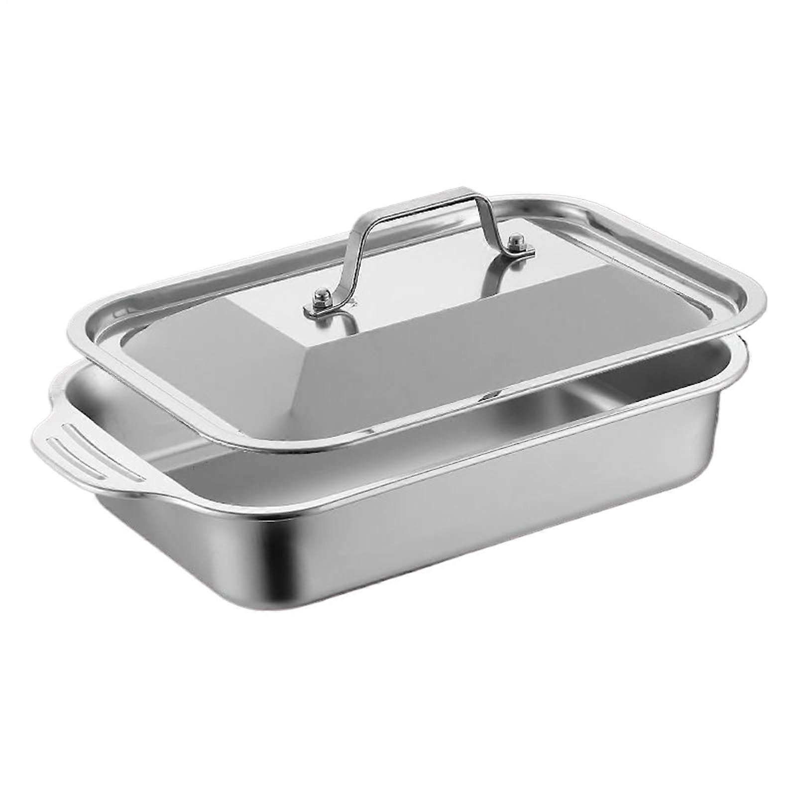 Stainless Steel Baking Pan with Lid and Handles for Cake Bread Lasagna Pizza, Oven Safe Rectangular Bakeware Tray