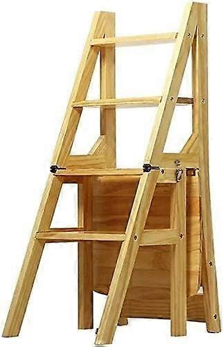 Solid Wood Folding Library Ladder Chair with 4 Step Stool for Home Kitchen Reading (Color A)