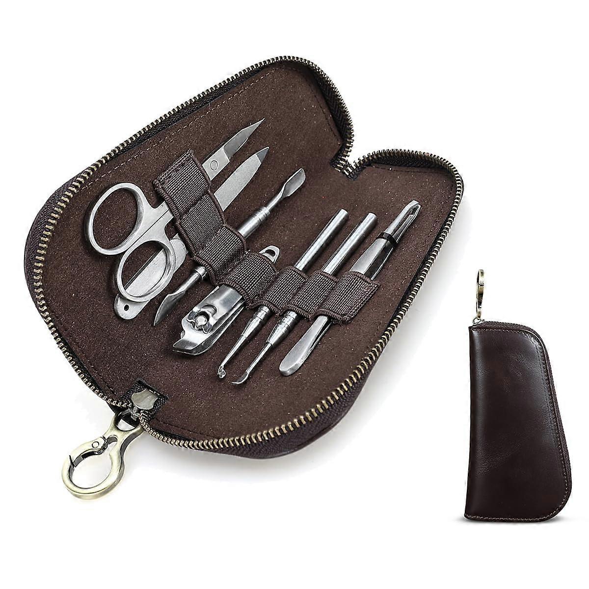 Leather Manicure Set Case for Men, Handmade Full Grain Travel Grooming Tool Organizer with Zipper