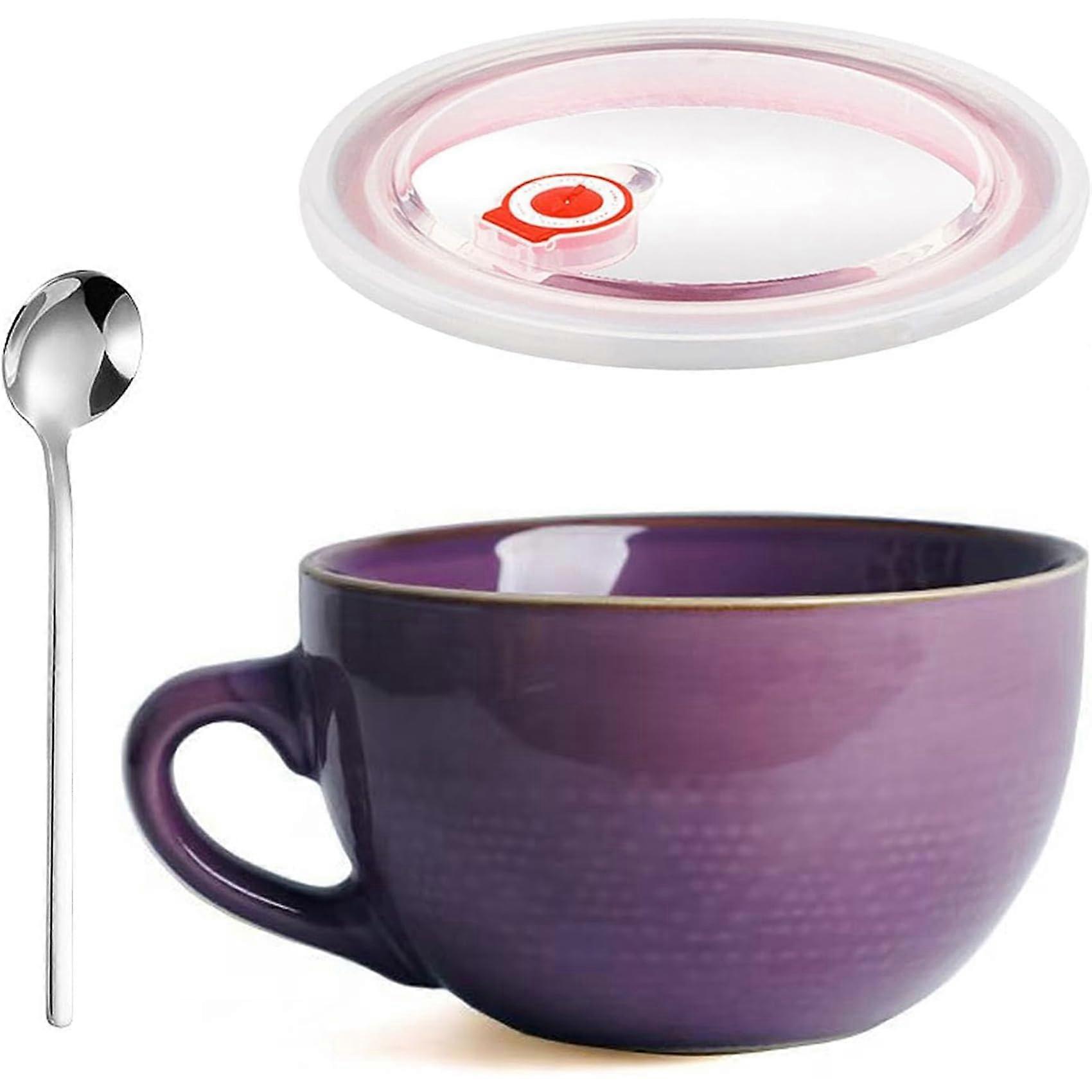 Large Ceramic Coffee Mug 700ml with Lid and Spoon, Porcelain Soup Cup with Handle, Purple Dot