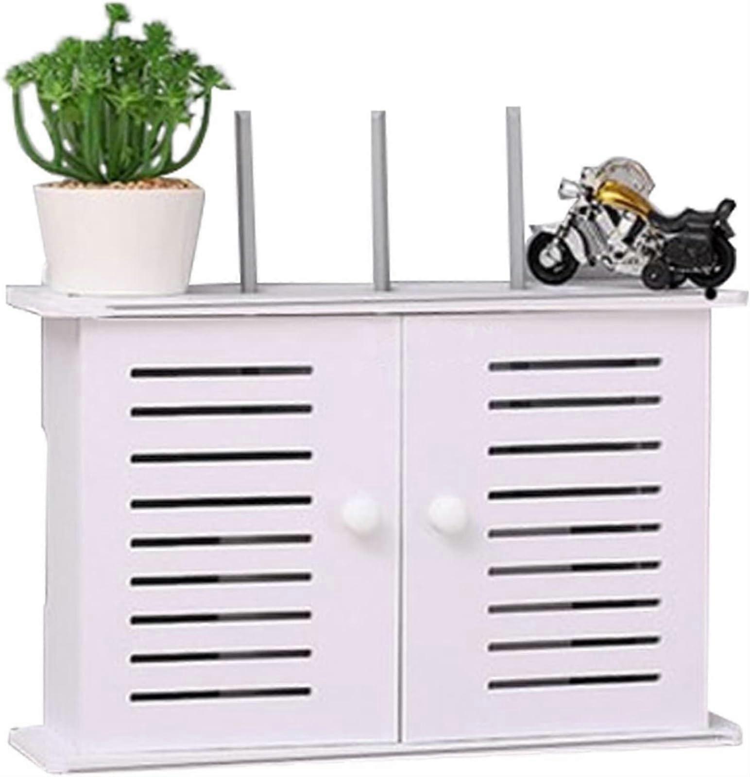 WiFi Router Storage Box Wooden Wall Mount Shelf with Cable Management 2 Tier Decorative Design