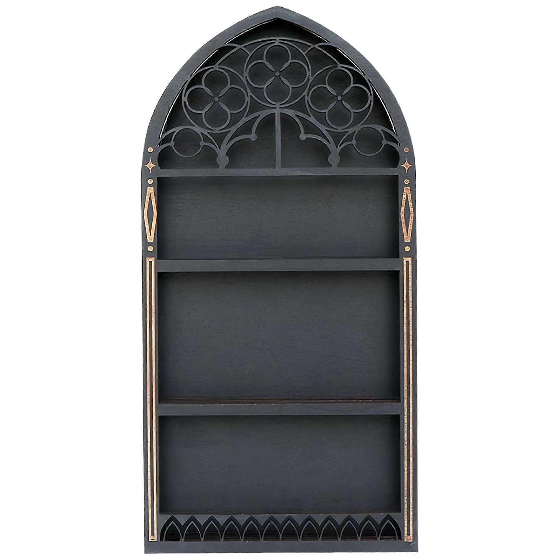 Floating Wall Shelf with Gothic Vintage Design, Black Wooden Crystal Display for Essential Oils