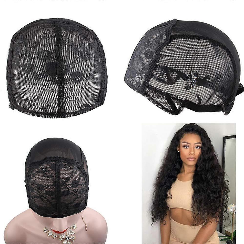 2pcs Black Elastic Dome Wig Caps with Adjustable Strap, Breathable Double Lace for DIY Wig Making
