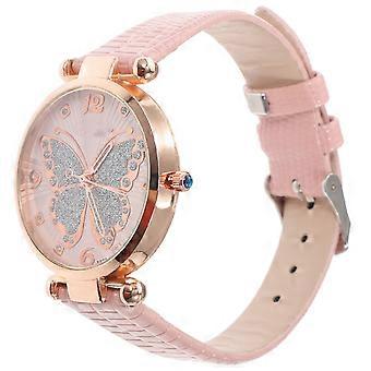 Elegant Women Watch Ladies Watch for Kids Butterflies Dial Design Pink PU Alloy
