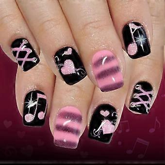 24 uñas postizas rojas con punta francesa, diseño de corazón musical y brillo, ideales para el Día de San Valentín. Ligeras y cómodas.
