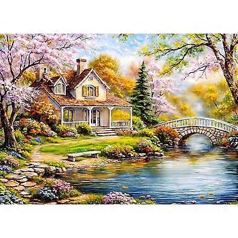 Rustic Retreat at Sunset: Jigsaw  Wooden Cottage Blossoming TreesSerene Bridge SQZ1082
