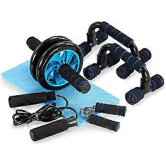 Kit complet 5 en 1 pour le fitness et la musculation : roue abdominale, poignée de pompes, corde à sauter, pince de musculation et tapis de sol.