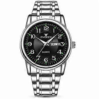 Quartz Watch Steel Bracelet Large Numbers Black Dial Silver Band Elderly Unisex Business Waterproof Luminous JY