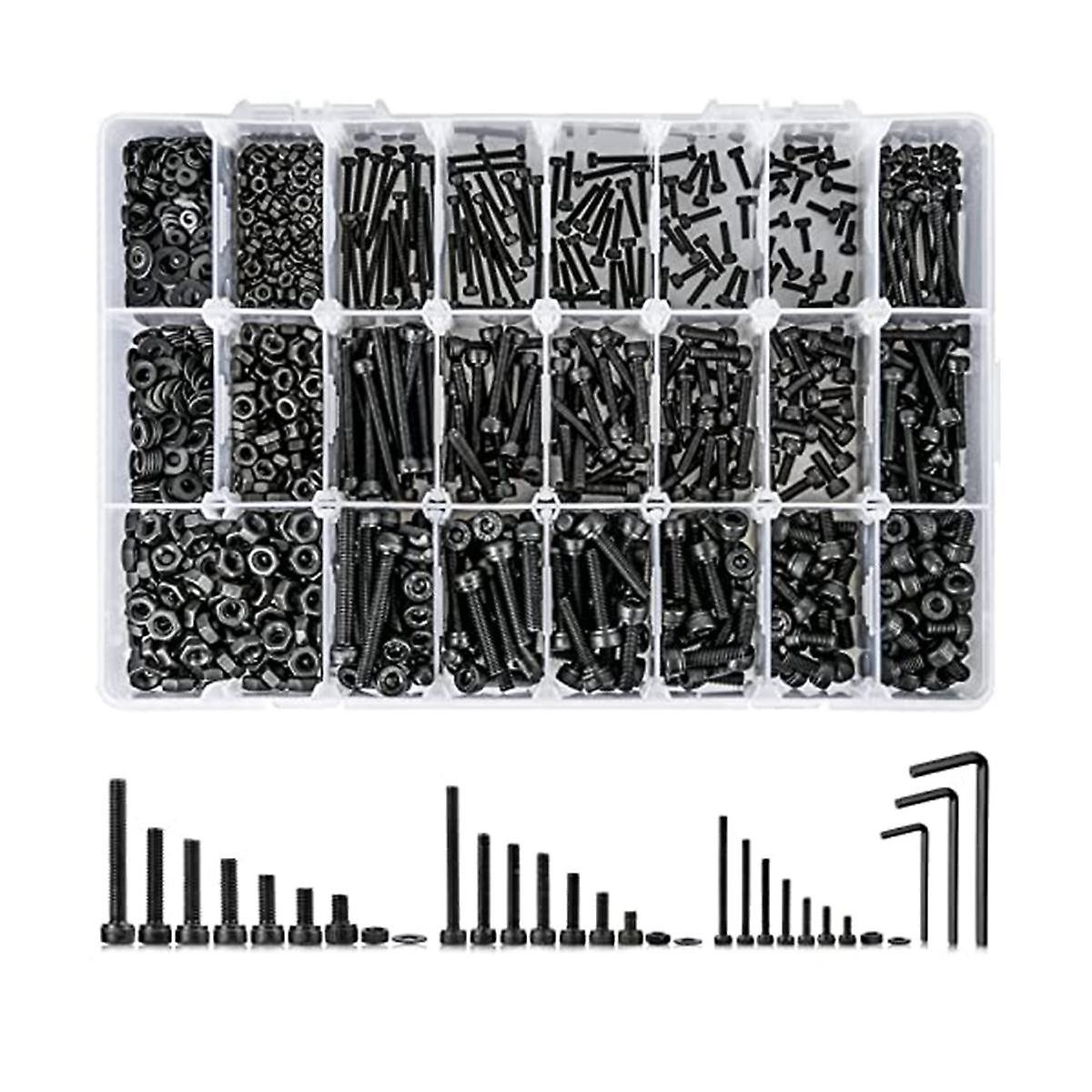 1260PCS Metric Bolt Assortment M2 , 21 Sizes Screws Nuts and Hex Socket Head Cap Machine Kit Black