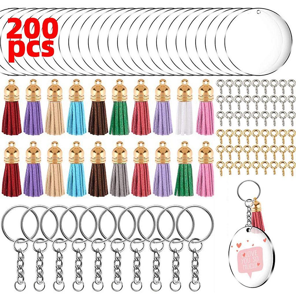 200 Keychain Blanks with Tassels Acrylic Circle Discs Key Ring for DIY Craft Gold