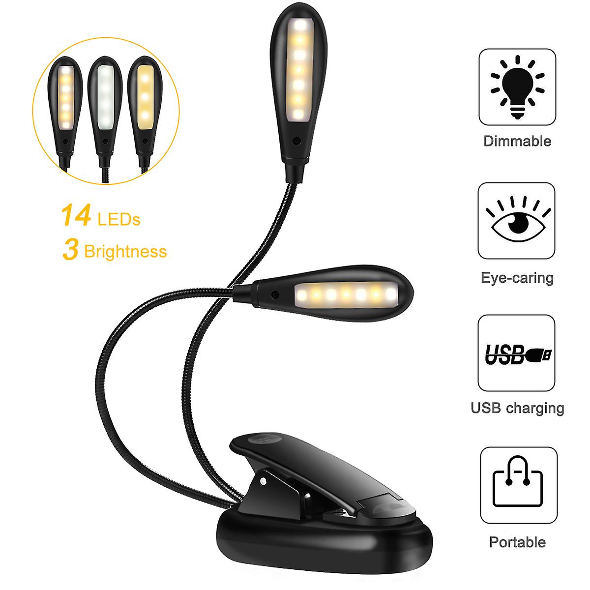 Reading Light, 14 LED USB Rechargeable and Eyecare Book Light, Flexible Clip Reading Lamp