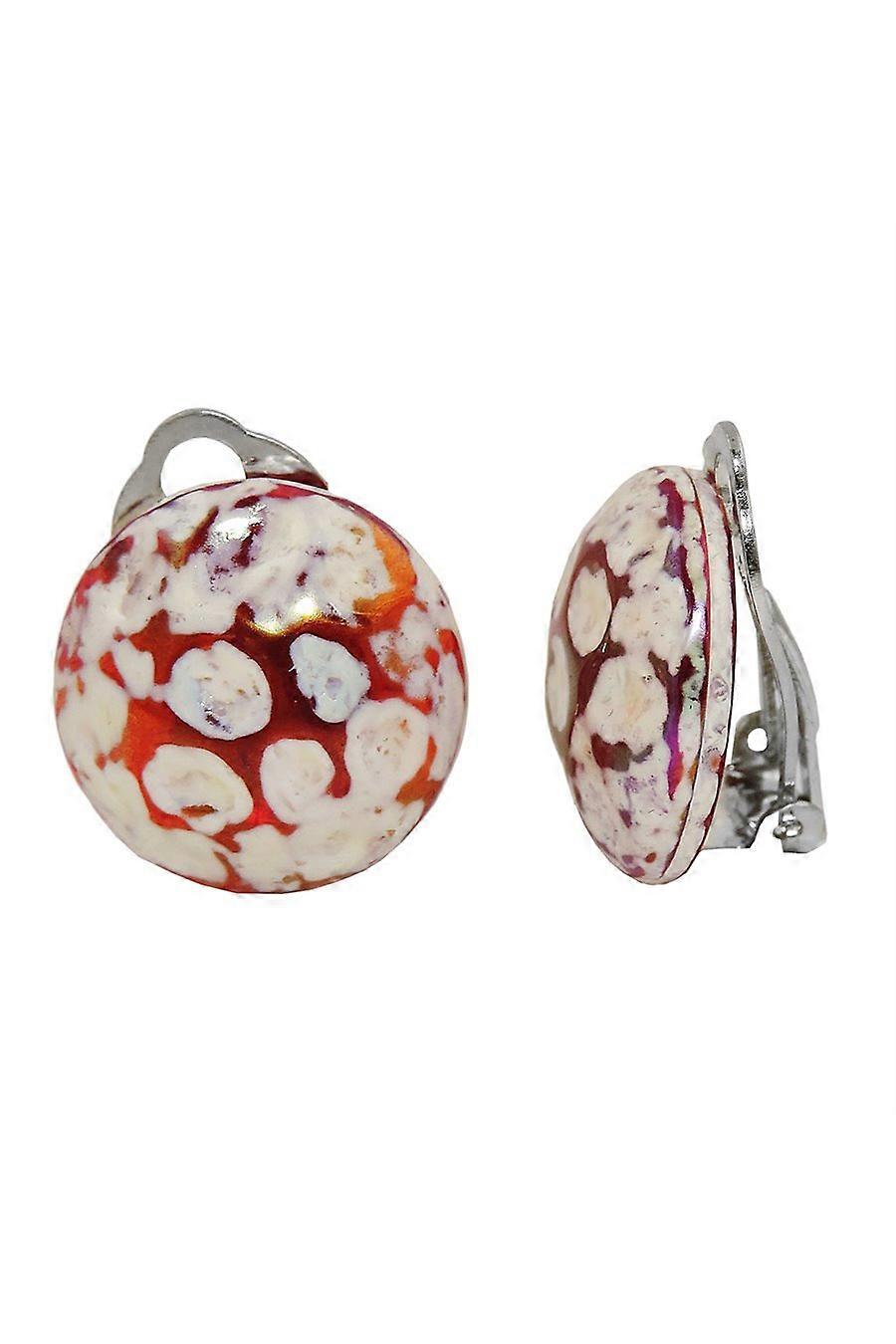 Clip-on Earring Round High Red White Hammered 18mm - Gl00519