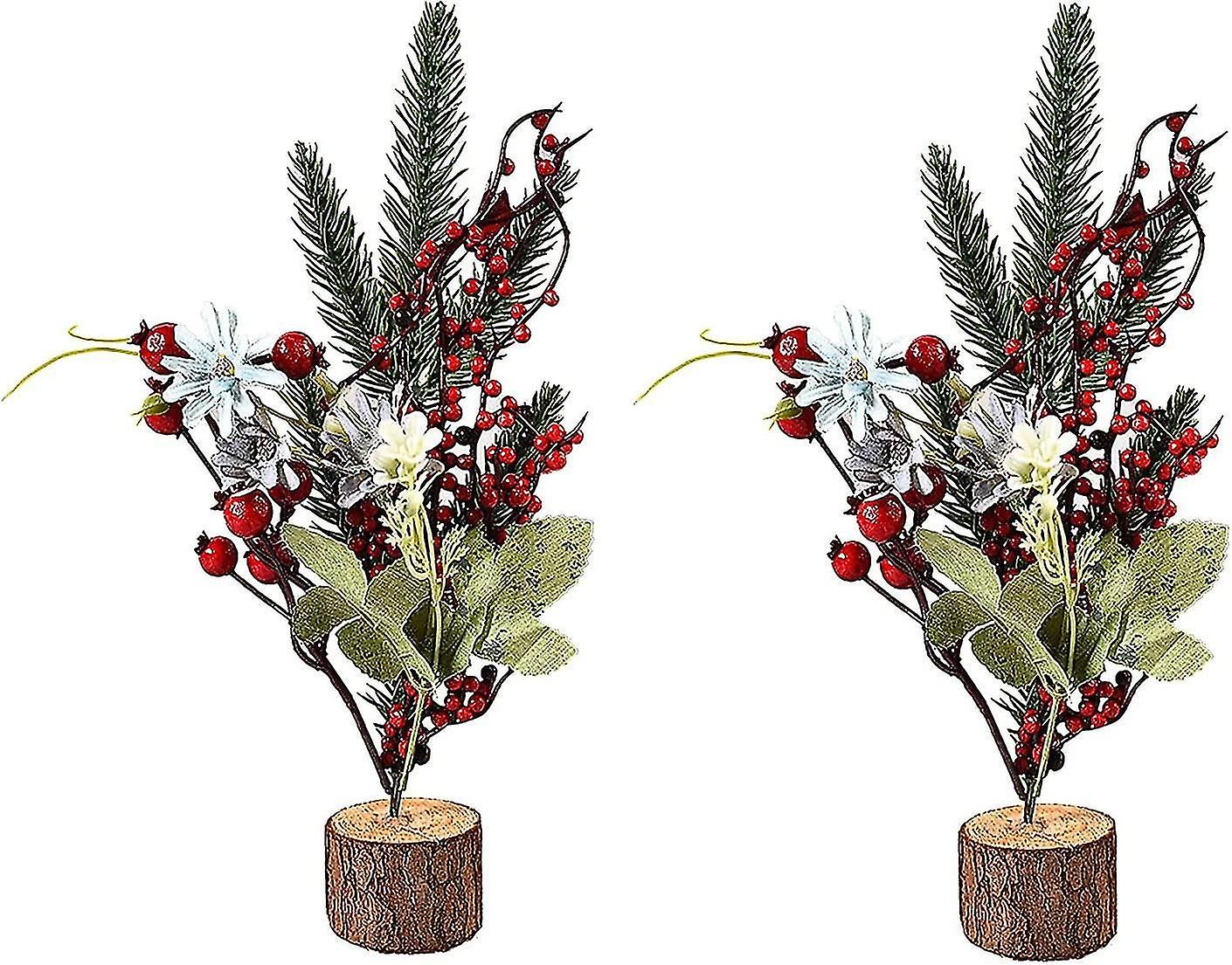 Set of 2 Mini Artificial Christmas Trees, 9.5 ', with Wooden Base, for Home Decor, Office Decor, A3