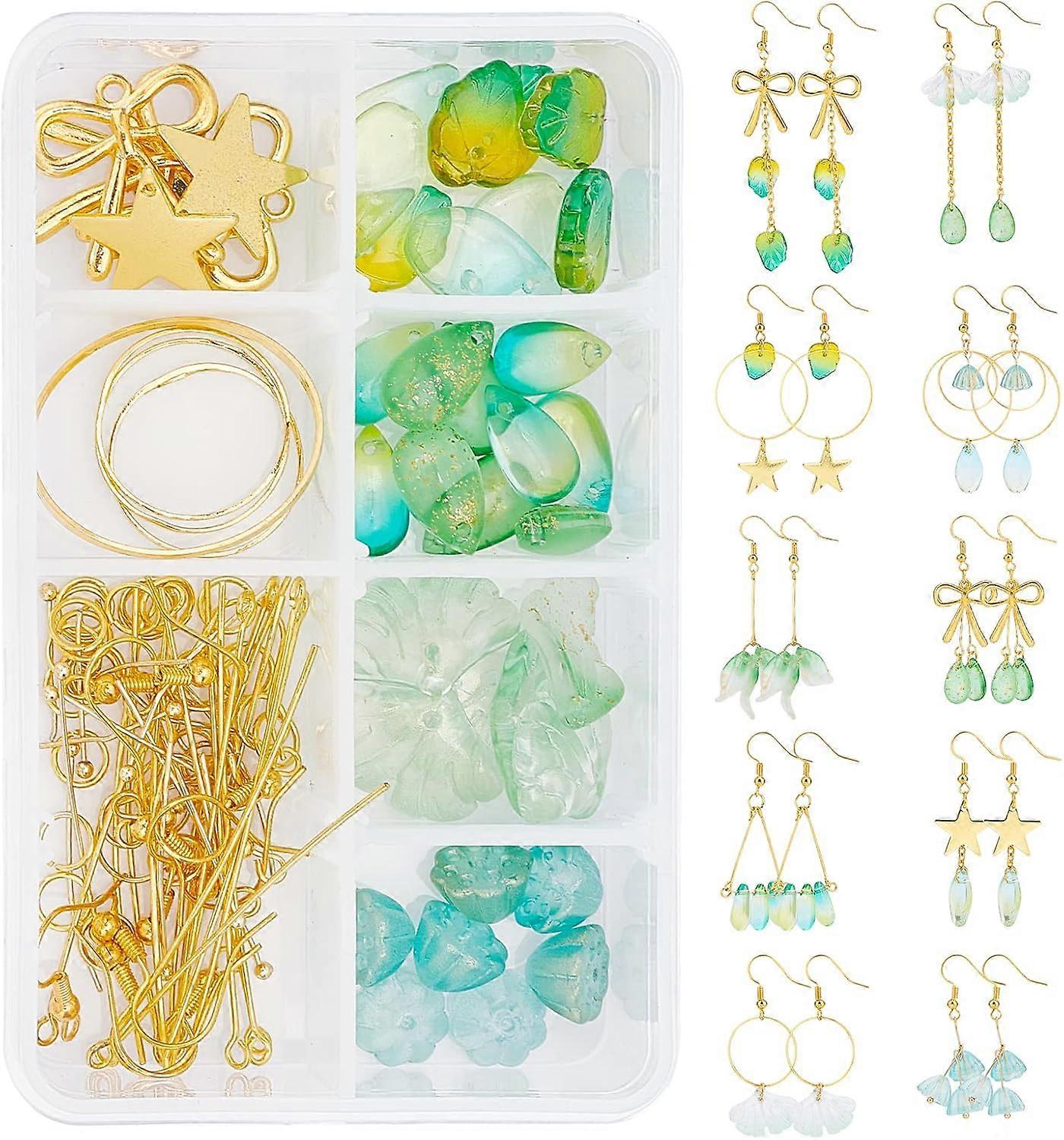 1 Box DIY 10 Pairs Green Teardrop Ginkgo Leaf Lotus Pod Transparent Beads Dangle Earring Making Kits Bowknot Start Alloy Pendats Brass Linking Rings f