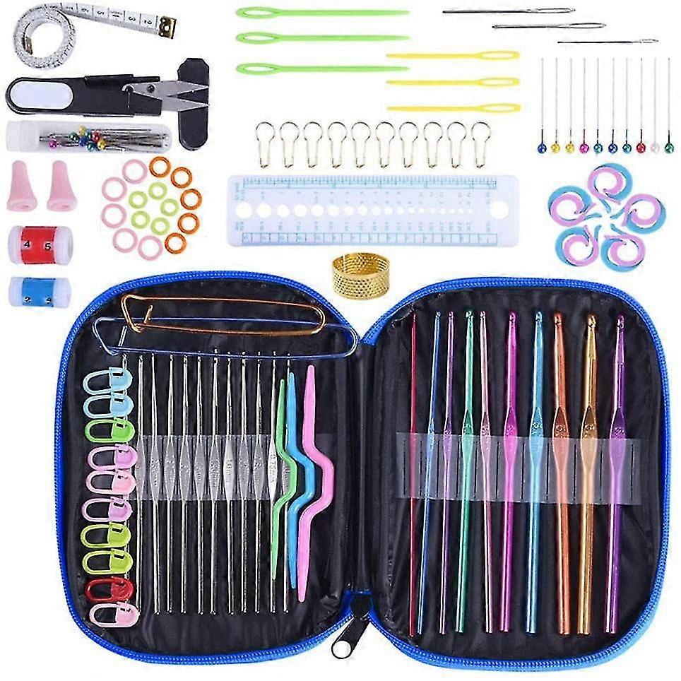 100Pcs Crochet Hook Set with Yarn Knitting Needles Sewing Tools Knit Gauge DIY Craft Tools Kit (Blu