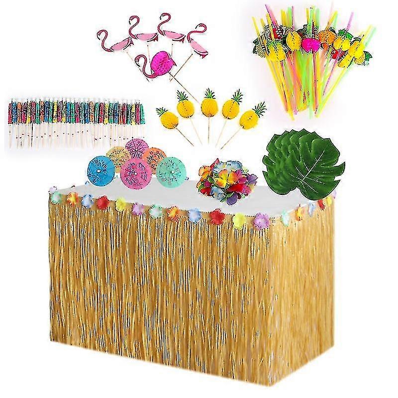 Hawaiian Party Decorations Set With Grass Table Skirt Hawaiian Leis Palm Leaves Hibiscus Flowers Paper Pineapples Umbrellas/flamingos/pineapples 3d Fr