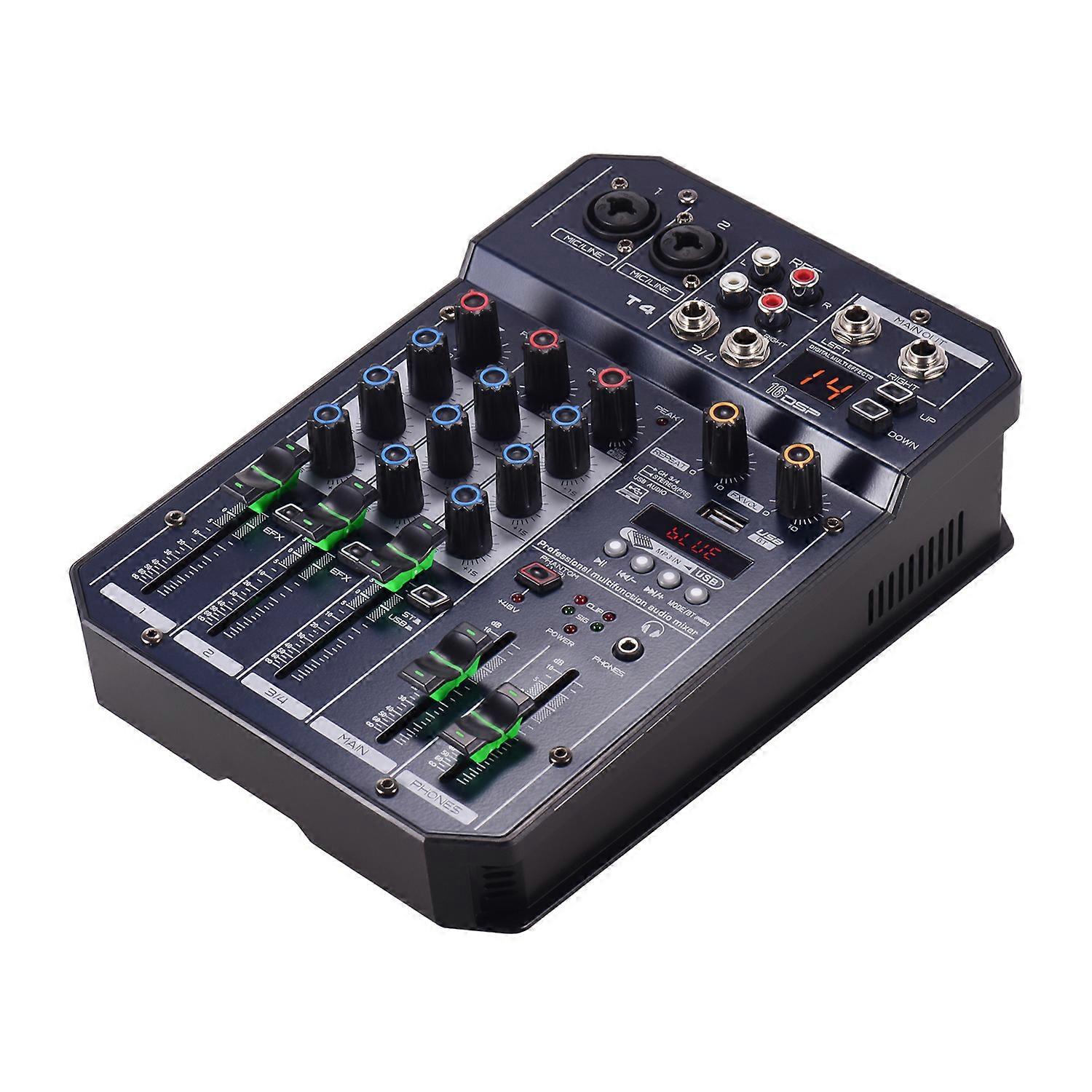 T4 Portable 4-Channel Sound Card Mixing Console Audio Mixer Built-in 16 DSP 48V Phantom power Supports BT Connection MP3 Player Recording Function 5V
