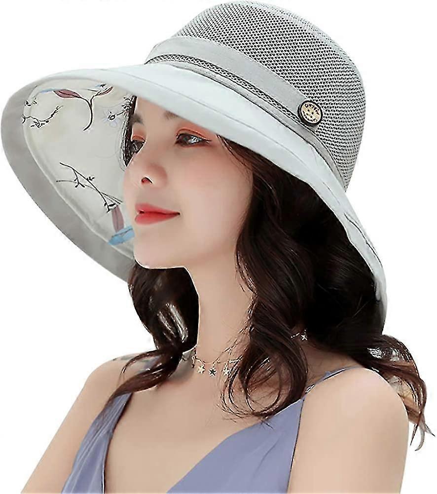 Chapeaux de soleil en maille d’été pour femmes Chapeau de plage léger Floral Upf50 + Packable Wide Brim Bucket Hat avec mentonnière