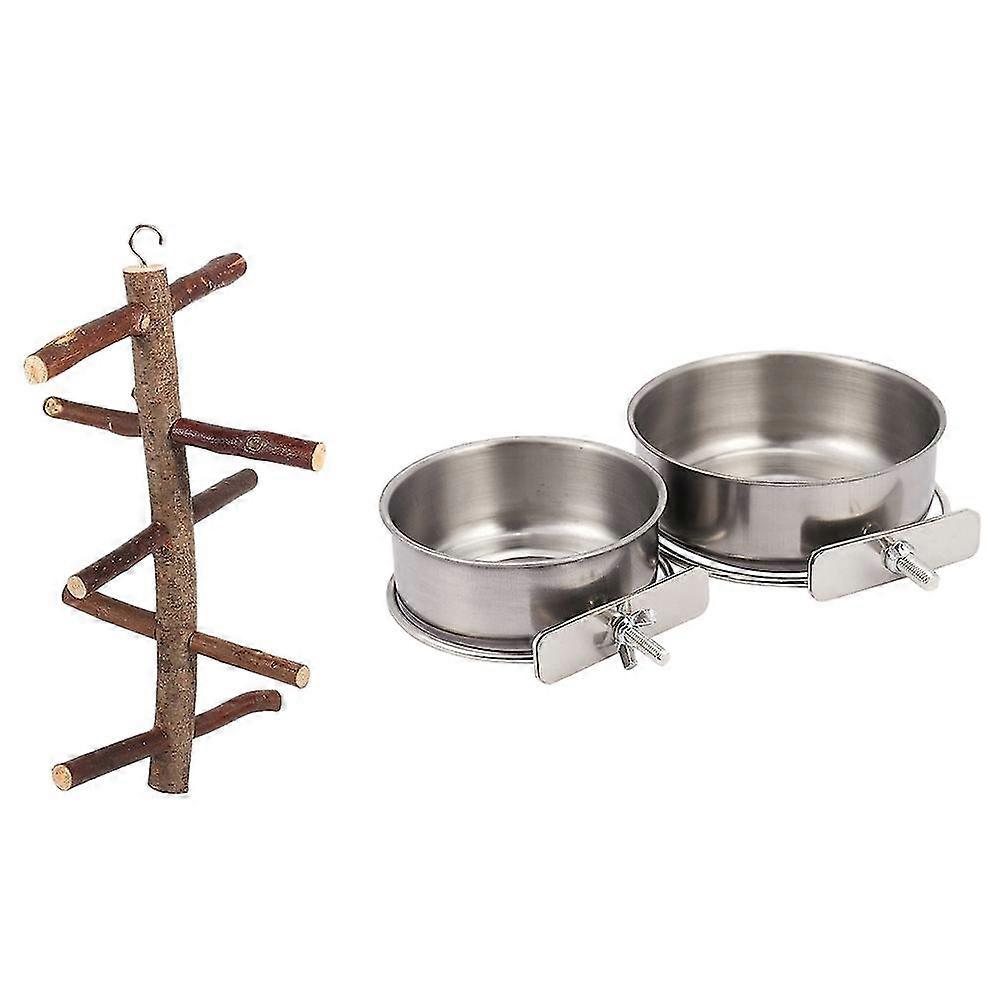 Bird Perch Natural Wood Bark Rotating Ladder Parrot Cage Stand Toy With 2-pack Bird Parrot Feeding