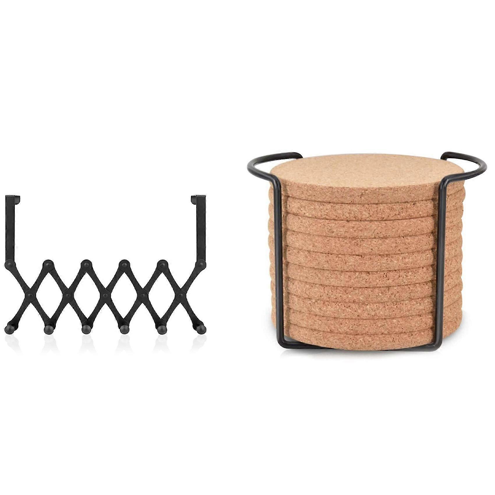 Round Cork Coasters,and Metal Holder Storage Caddy With Expandable Over The Door Hook Hanger,over T