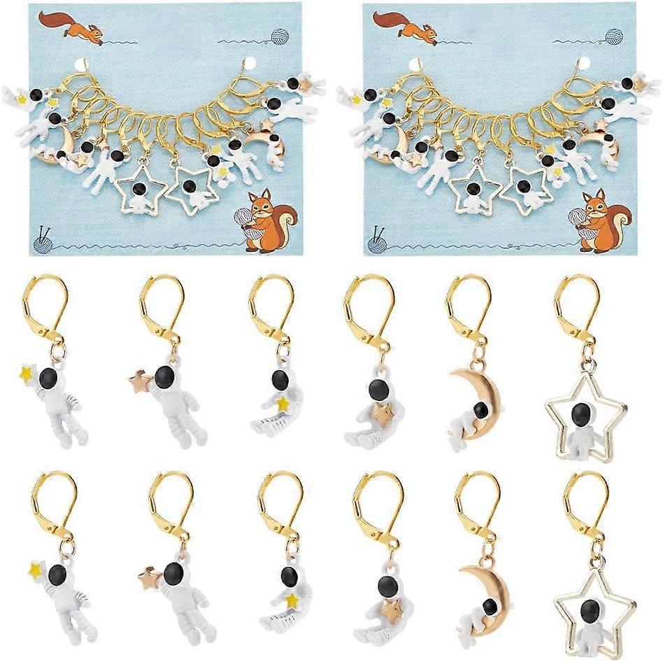 24 Pcs Spaceman Pendant Stitch Markers Spaceman with Star Moon Enamel Crochet Stitch Marker Removable Leverback Hoop Locking Stitch Marker for Weaving