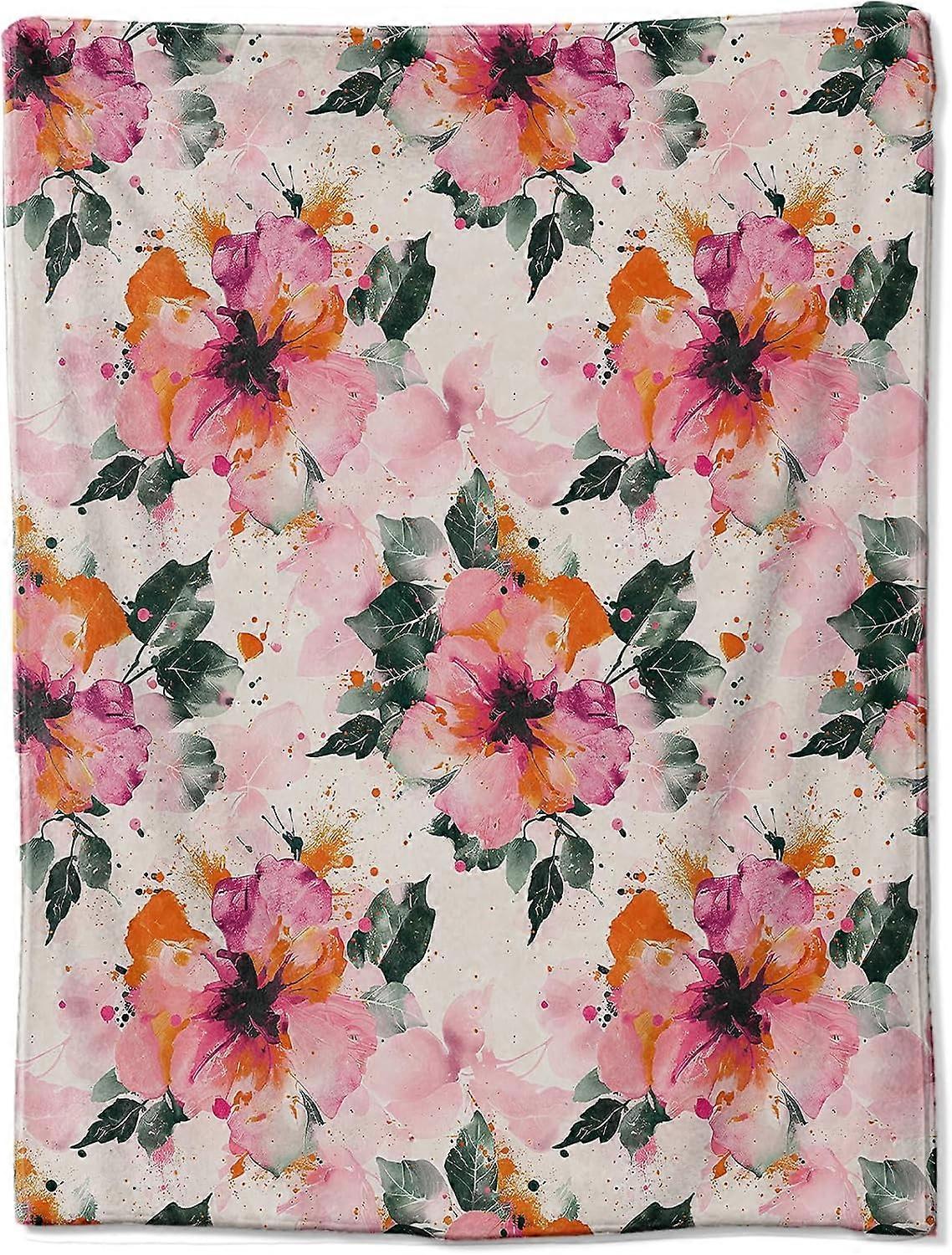 Manta de Flanela com Design Floral Vibrante em Rosa e Laranja, 50x60 Polegadas