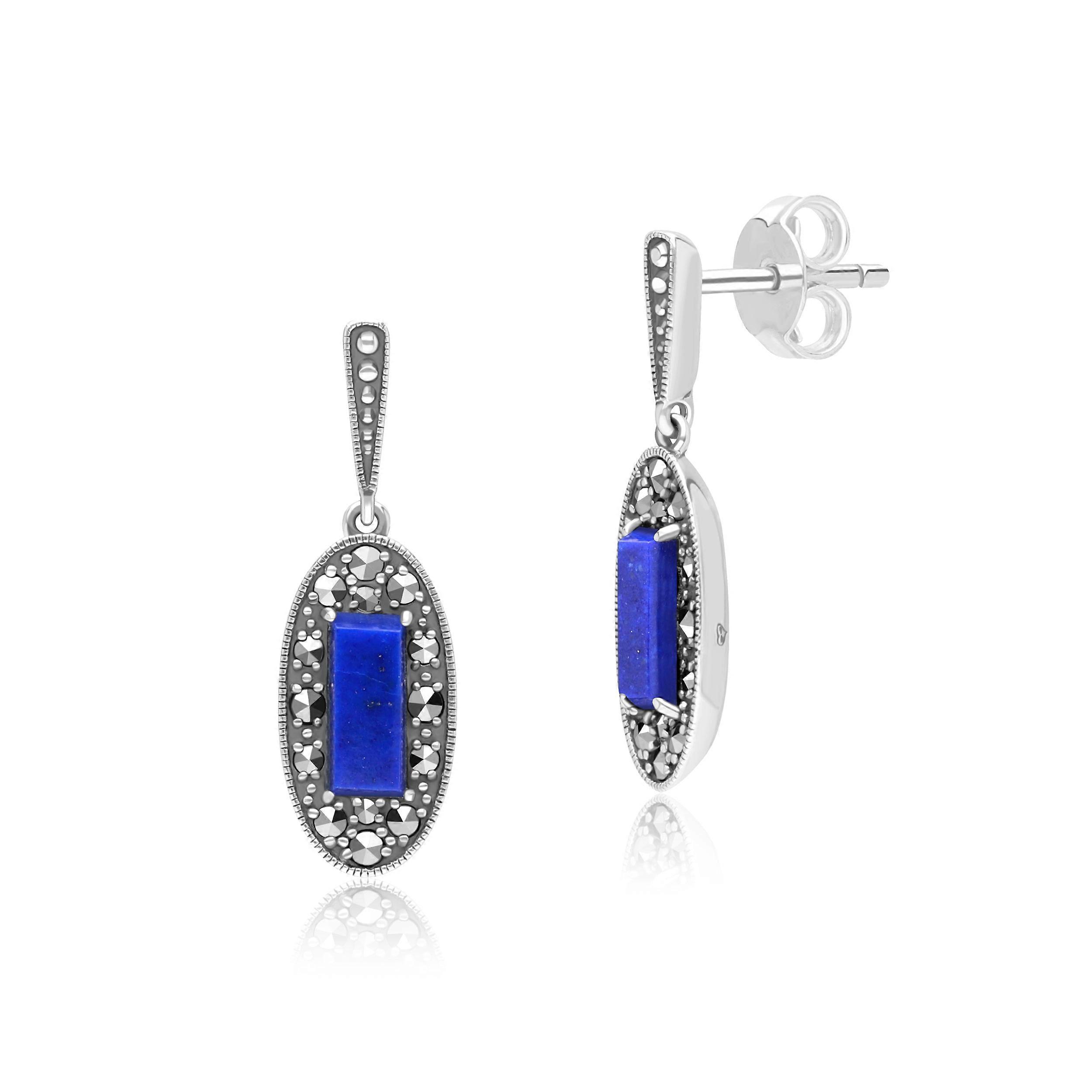 Art Deco Style Oval Lapis Lazuli and Marcasite Drop Earrings in Sterling Silver
