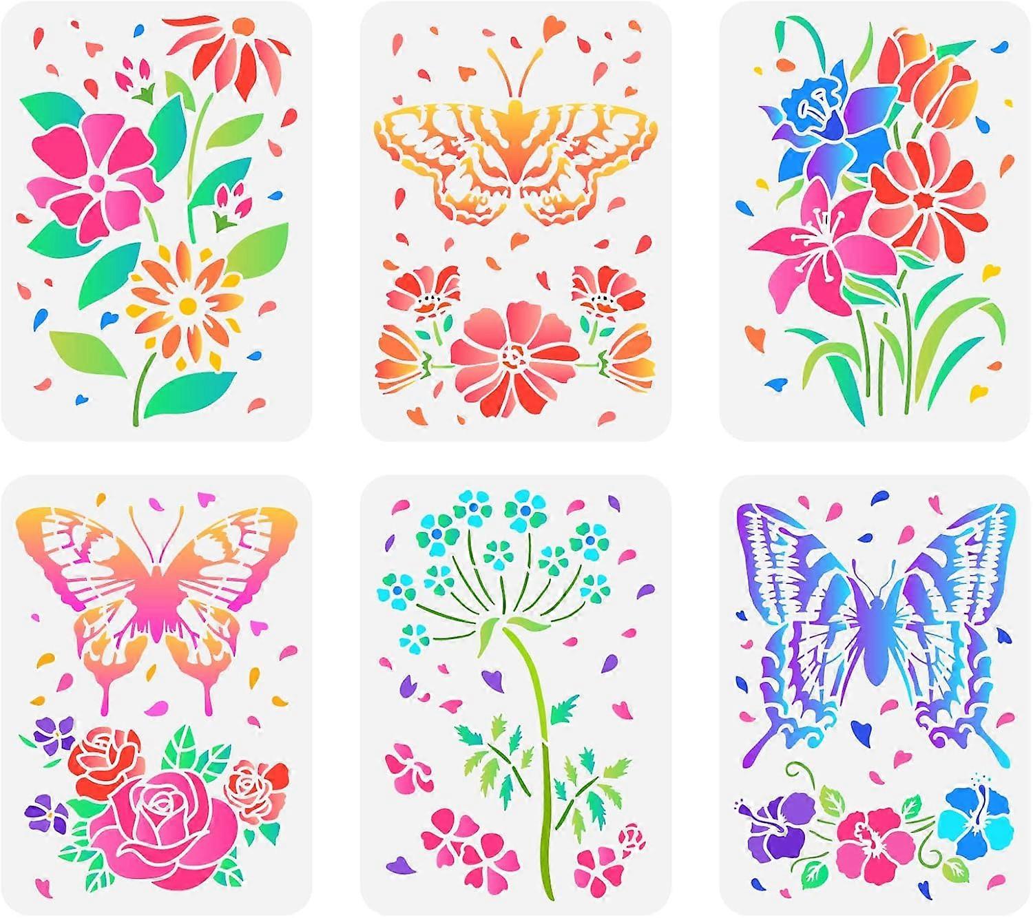 6 Pcs Butterflies Stencil 11.7x8.3 inch Flowers Stencil Kits Plastic Rose Daisy Lily Dandelion Tulip Pattern Template Reusable DIY Art and Craft Stenc