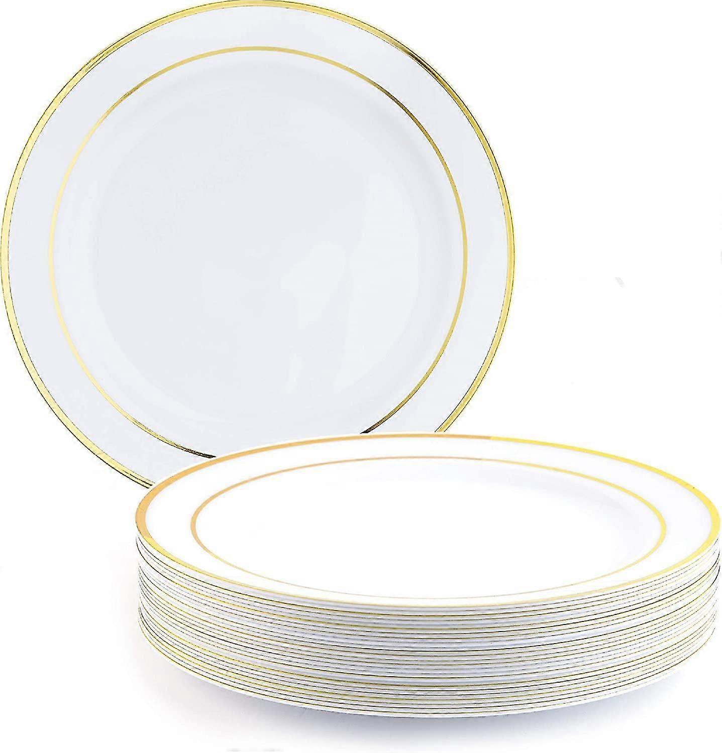25 assiettes blanches avec bord doré pour mariages, anniversaires et fêtes, 26cm - Robuste et réutilisable