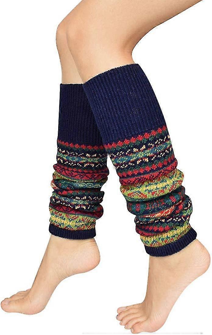 נשים מחממות רגליים מפוספסות אתניות סריגה צמר ללא רגליים גרבי מגף גבוהים לברך
