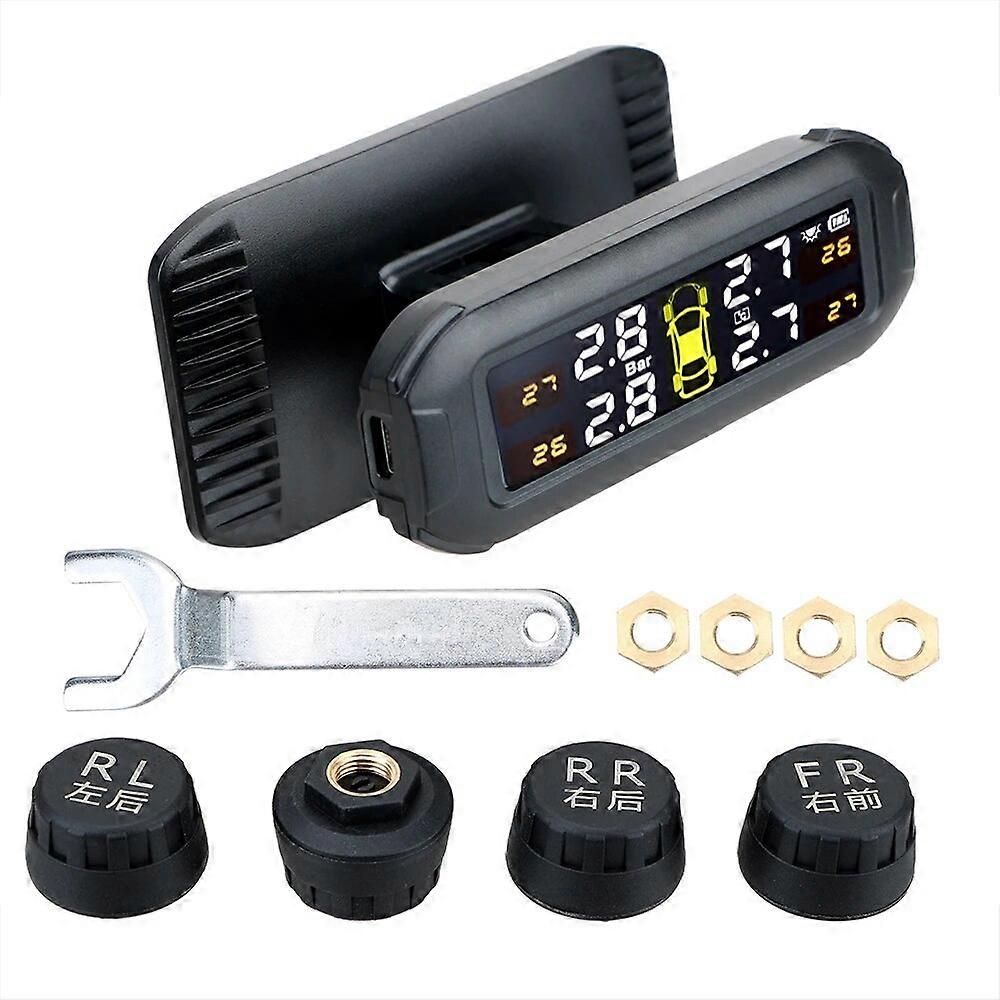 Car Tyre Pressure Monitor With 4 External Sensors Temperature Warning Fuel Save Tire Pressure Monitoring System Solar TPMS